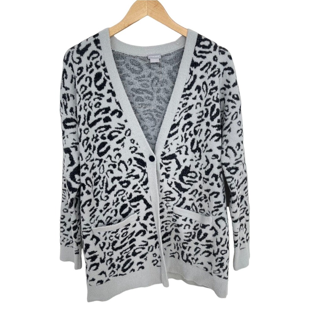 Chico's Leopard Print Long Cardigan 1/M Gray Pockets Cozy Boho Neutral Layering